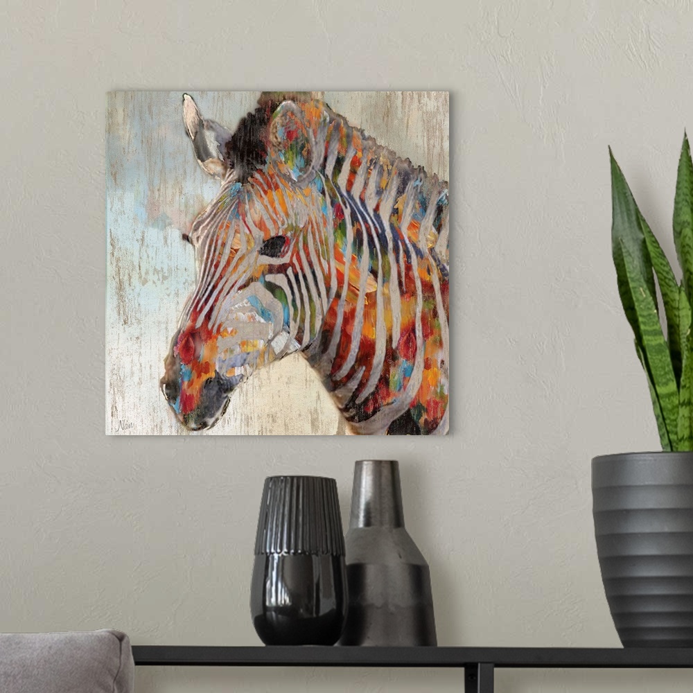 A modern room featuring A close up of a zebra with paint splattered all over.