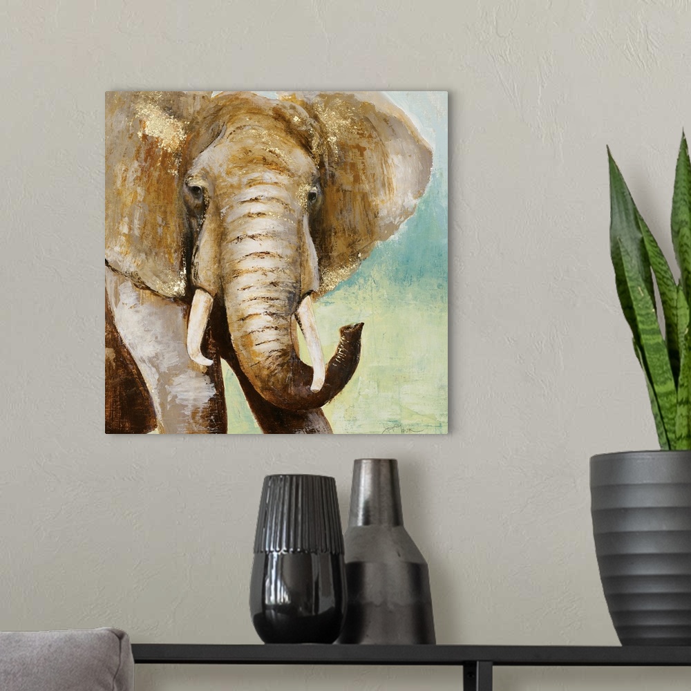 A modern room featuring Square painting of an elephant in brown tones with metallic gold highlights, on a blue and green ...