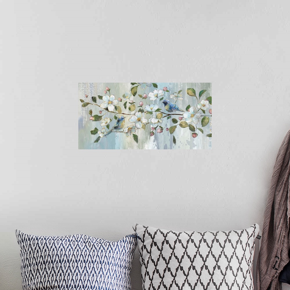 A bohemian room featuring Contemporary painting of two blue birds perched on a branch with white flowers, pink flower buds,...