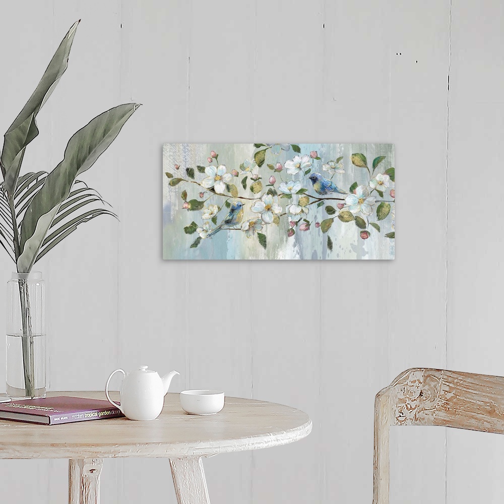 A farmhouse room featuring Contemporary painting of two blue birds perched on a branch with white flowers, pink flower buds,...