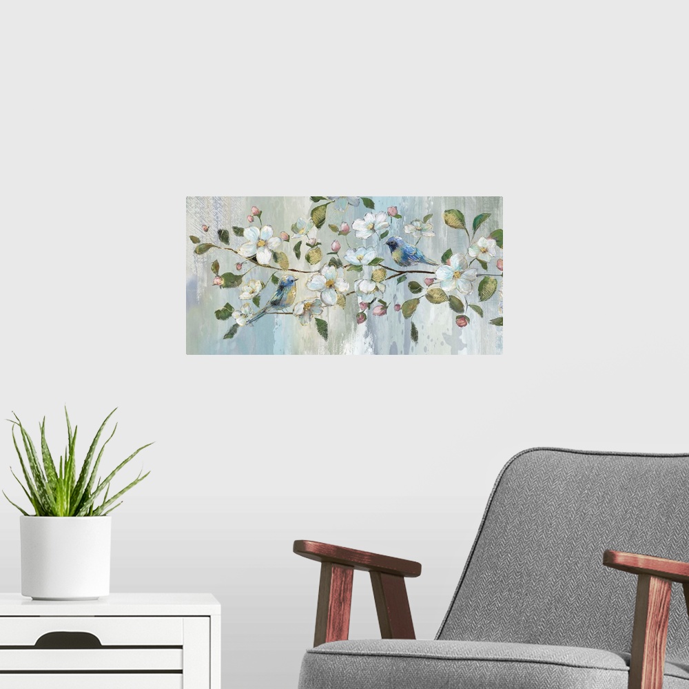 A modern room featuring Contemporary painting of two blue birds perched on a branch with white flowers, pink flower buds,...