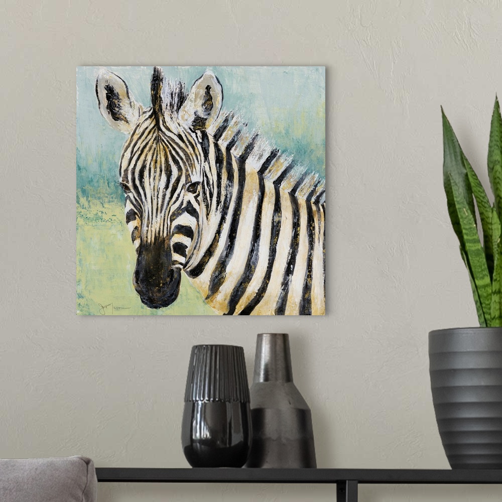 A modern room featuring Square painting of a zebra with black and white stripes and gold shading and highlighting, on a b...