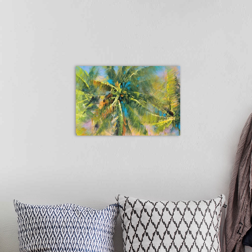A bohemian room featuring Contemporary painting of palm trees with an abstract style in shades of green, yellow, blue, oran...