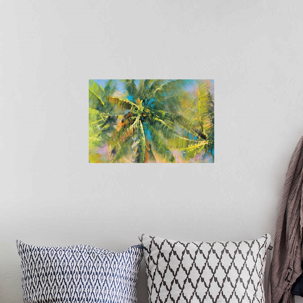 A bohemian room featuring Contemporary painting of palm trees with an abstract style in shades of green, yellow, blue, oran...