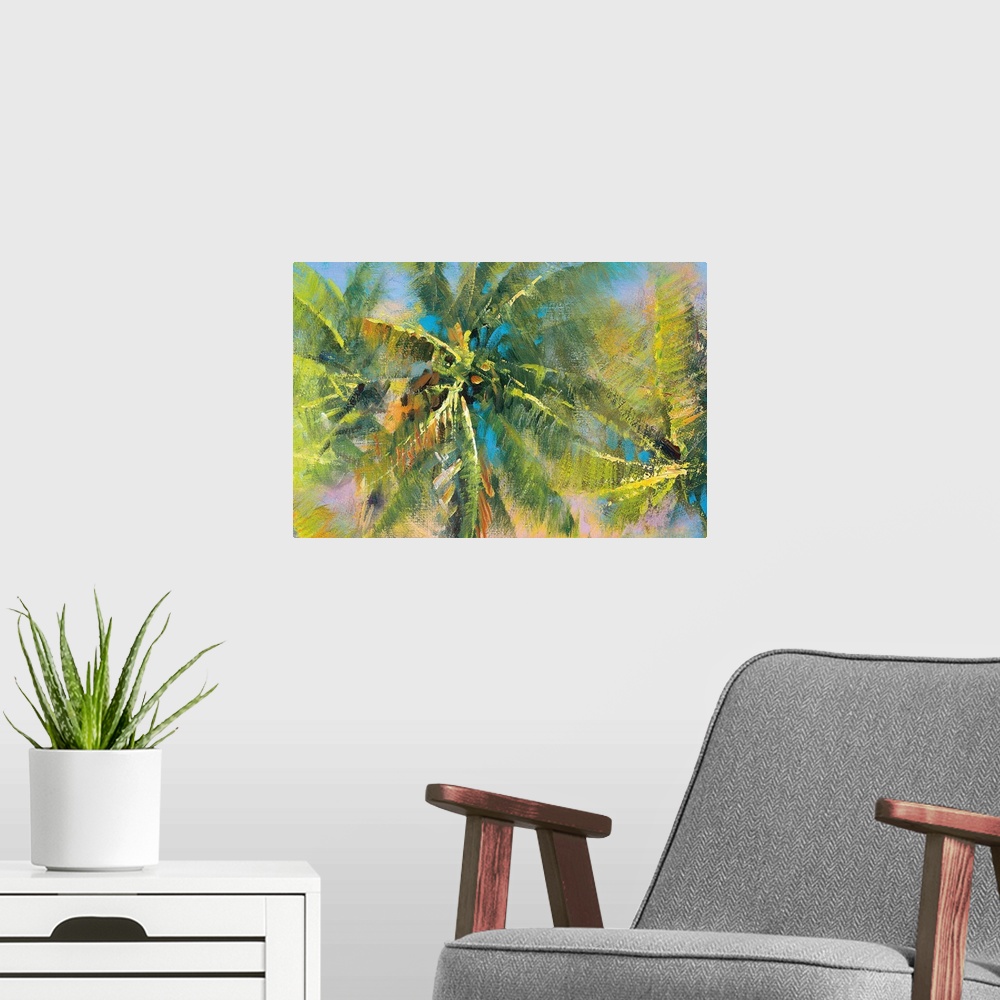 A modern room featuring Contemporary painting of palm trees with an abstract style in shades of green, yellow, blue, oran...