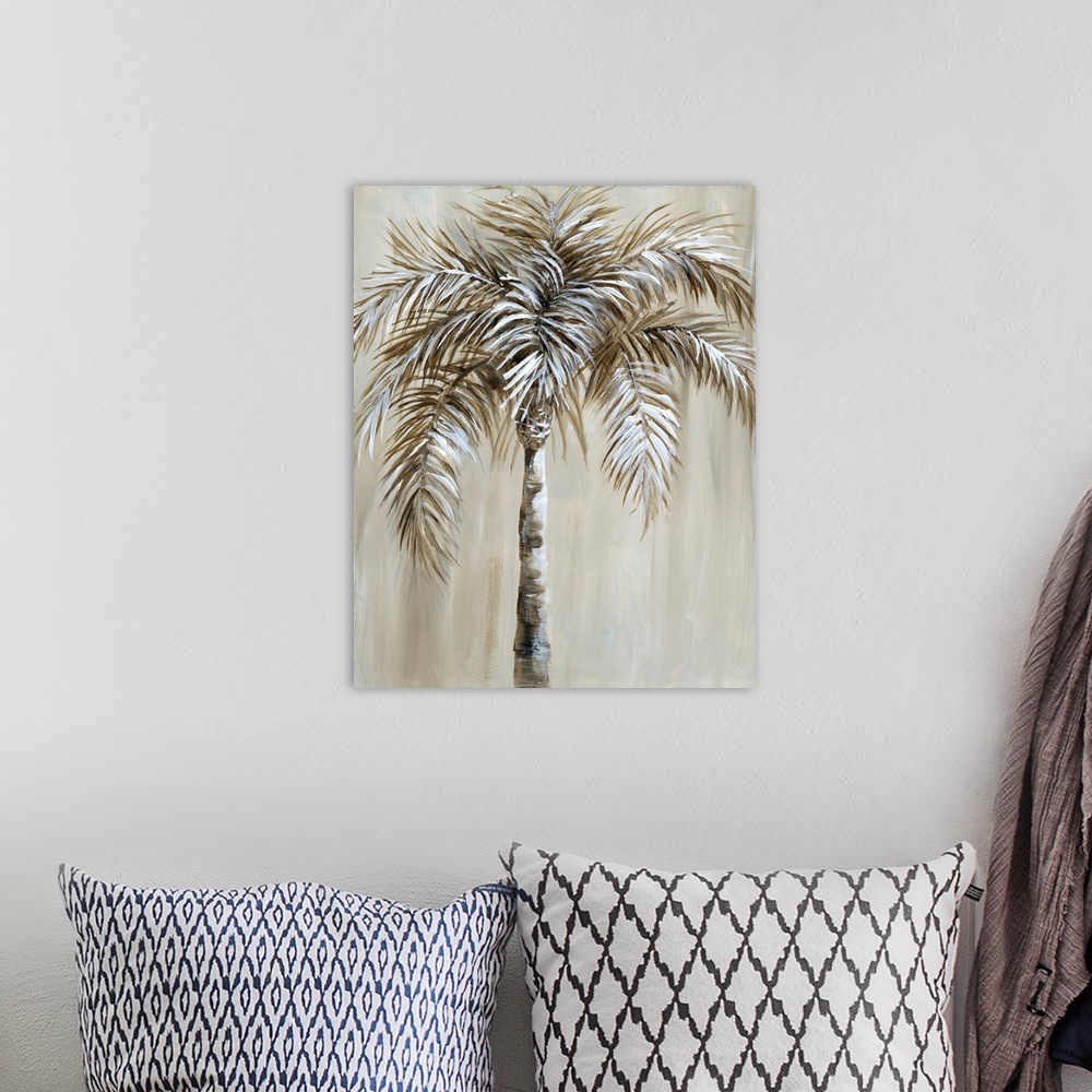 A bohemian room featuring Contemporary painting of a single palm tree in brown and white tones.