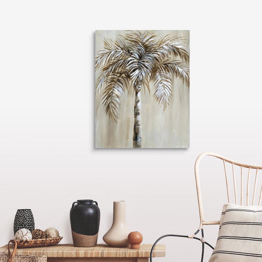 A farmhouse room featuring Contemporary painting of a single palm tree in brown and white tones.