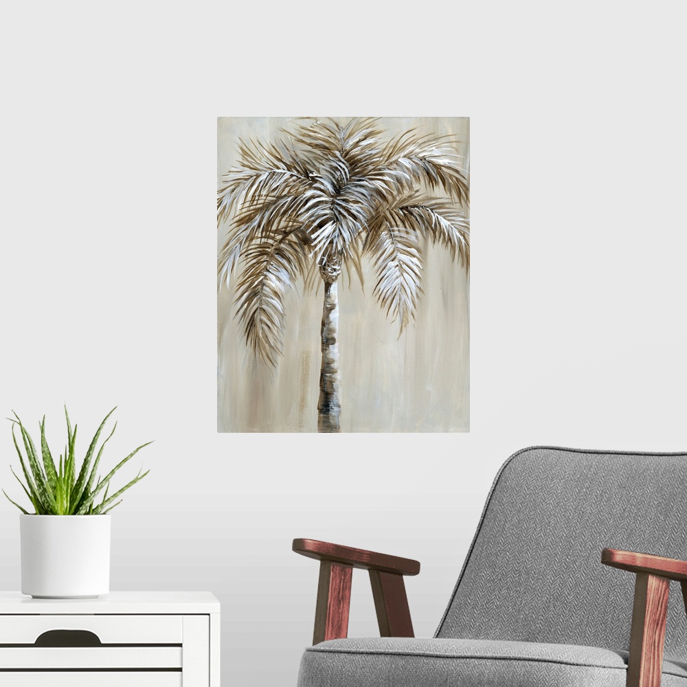 A modern room featuring Contemporary painting of a single palm tree in brown and white tones.