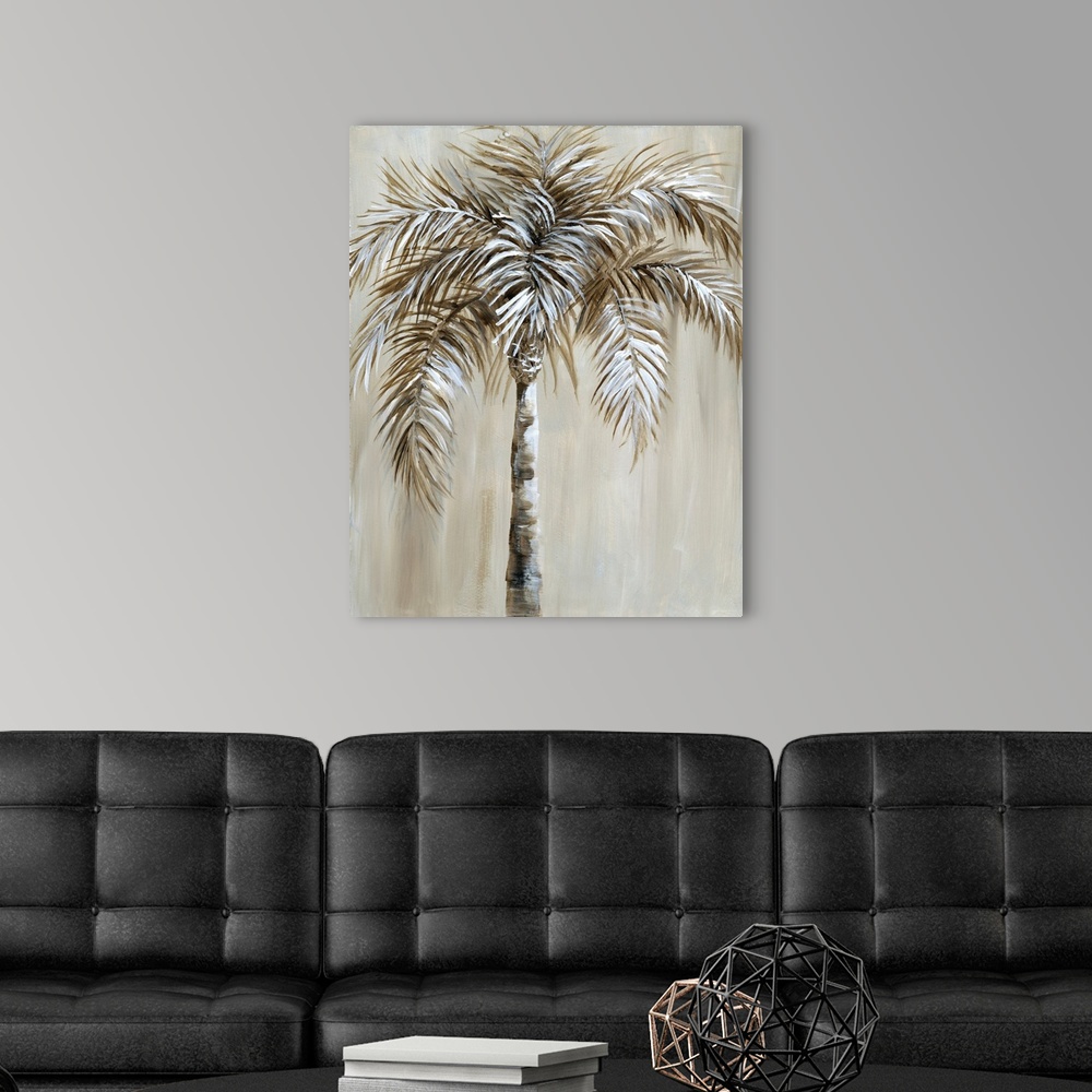 A modern room featuring Contemporary painting of a single palm tree in brown and white tones.