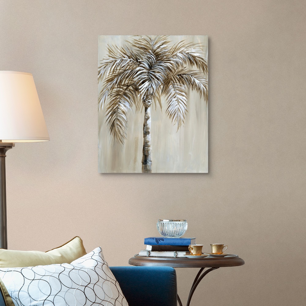 A traditional room featuring Contemporary painting of a single palm tree in brown and white tones.