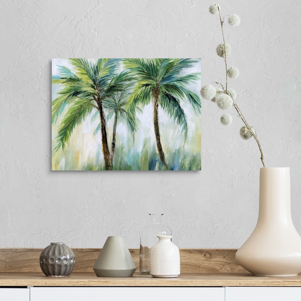 A farmhouse room featuring Large palm tree landscape painting in shades of blue, green, yellow, and white.