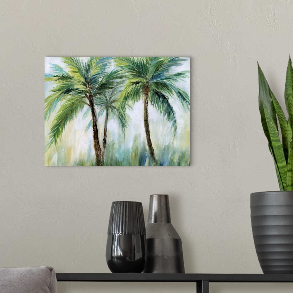 A modern room featuring Large palm tree landscape painting in shades of blue, green, yellow, and white.