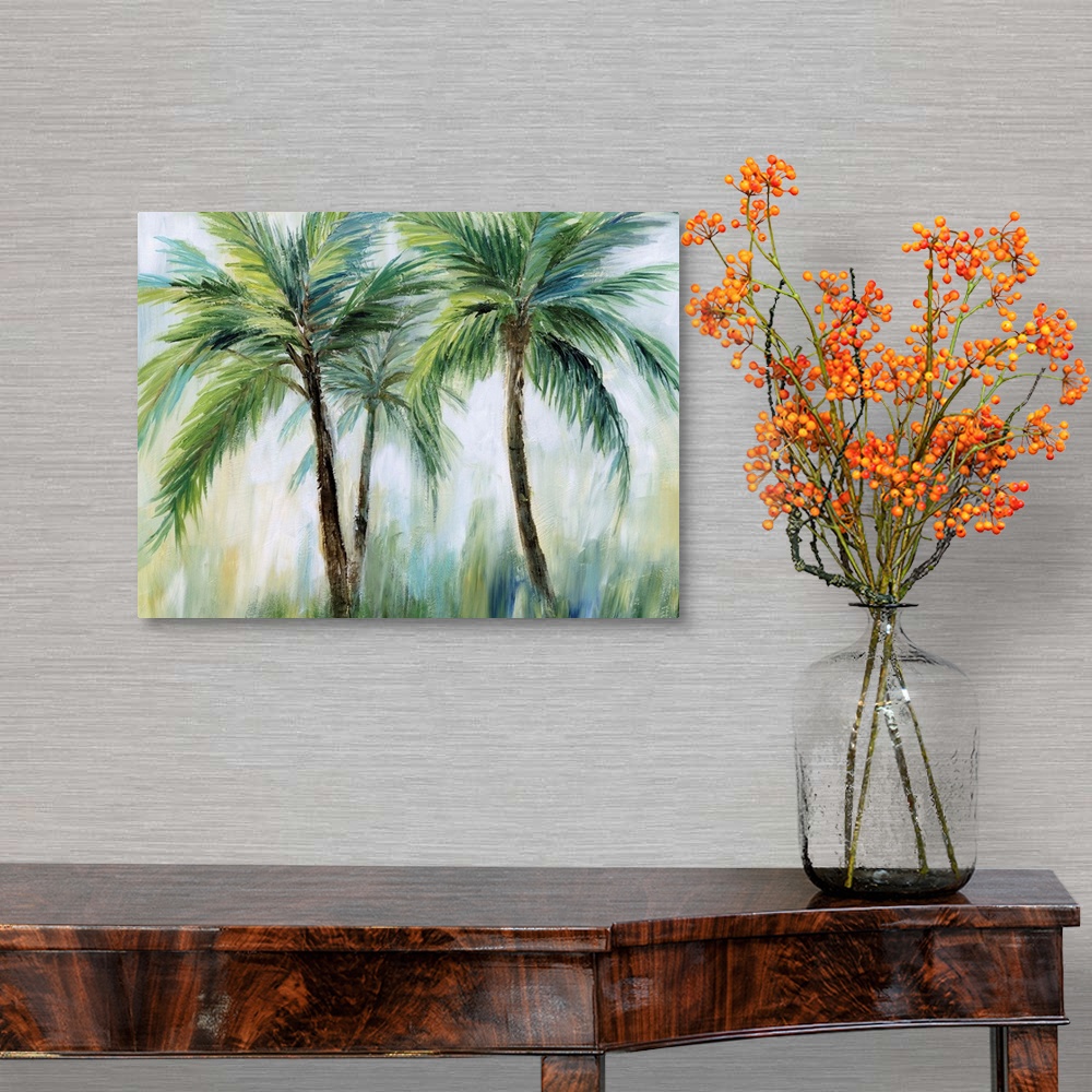 A traditional room featuring Large palm tree landscape painting in shades of blue, green, yellow, and white.