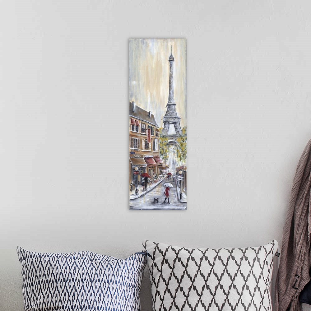 A bohemian room featuring A contemporary painting of a  rainy street scene in Paris, the Eiffel Tower in the background, an...