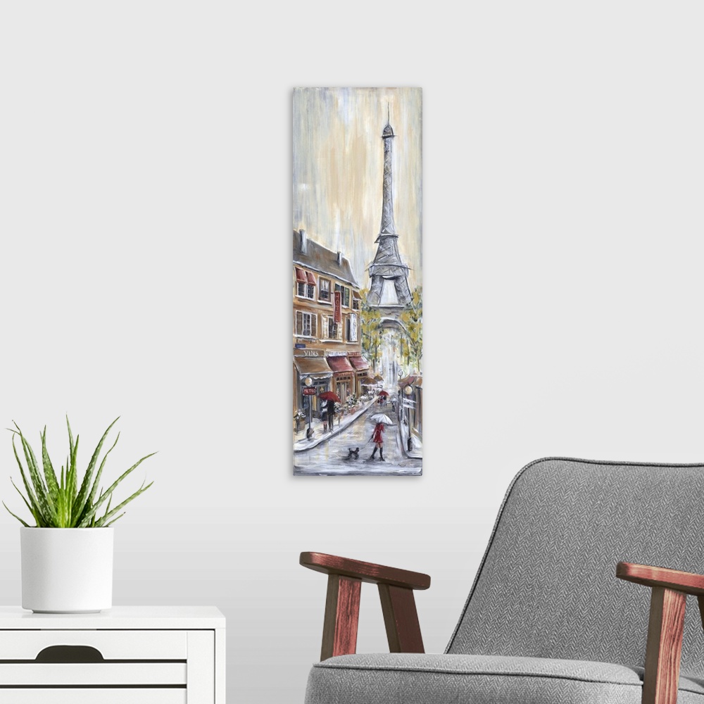 A modern room featuring A contemporary painting of a  rainy street scene in Paris, the Eiffel Tower in the background, an...