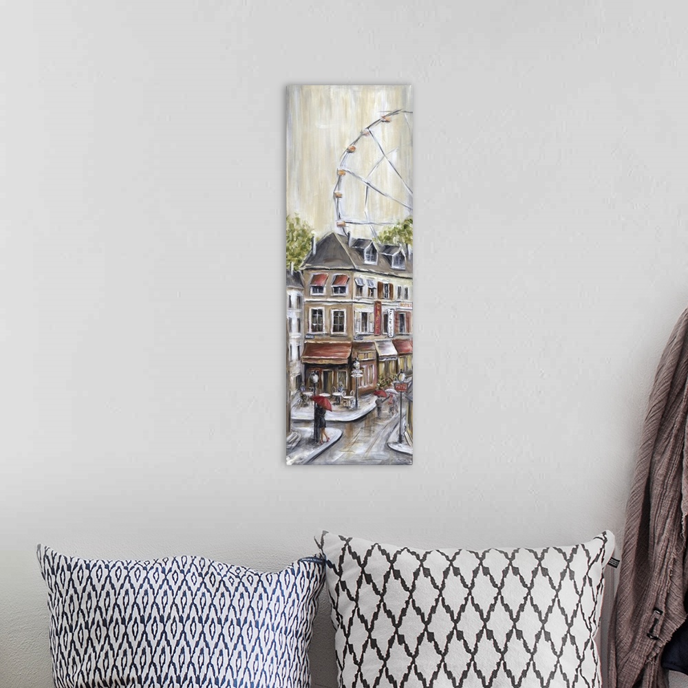 A bohemian room featuring A contemporary painting of a rainy street scene in Paris, the Ferris wheel in the background and ...