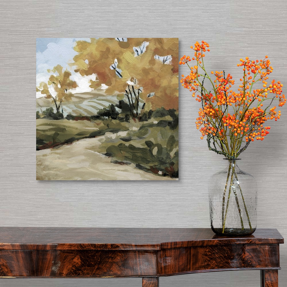 A traditional room featuring A painting of a pasture surrounded by trees with a pathway created from broad brushstrokes.