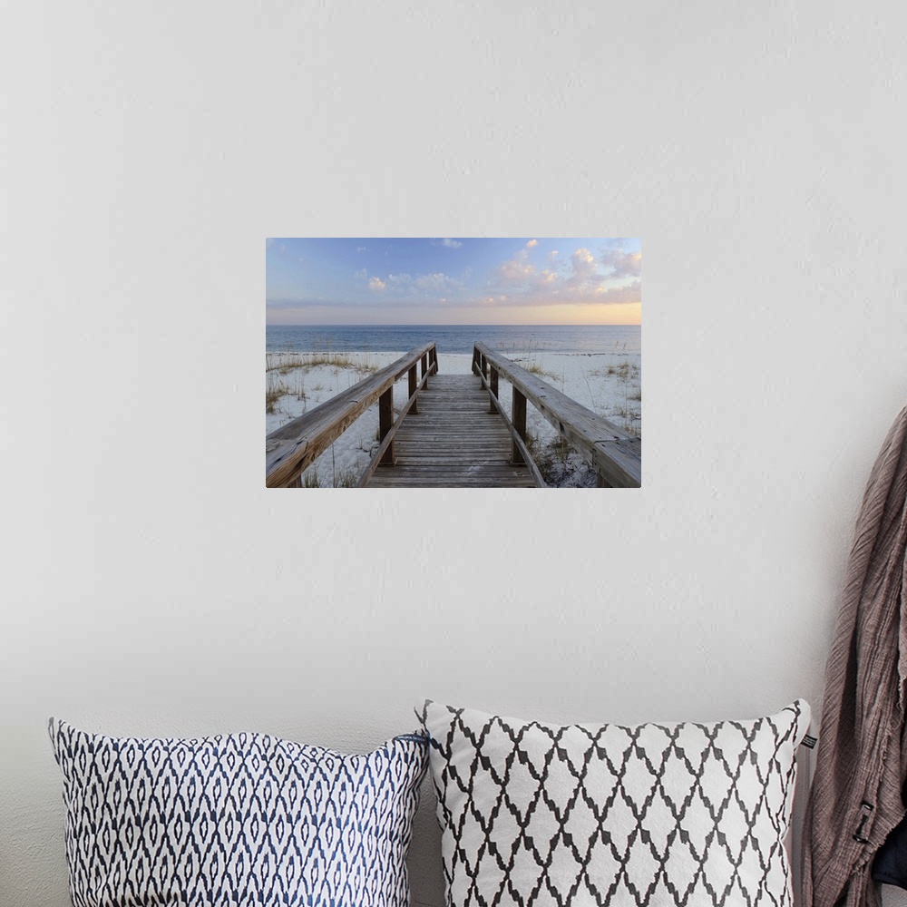 A bohemian room featuring Photograph of a wooden walkway leading to the sandy beach with a Pensacola sunset