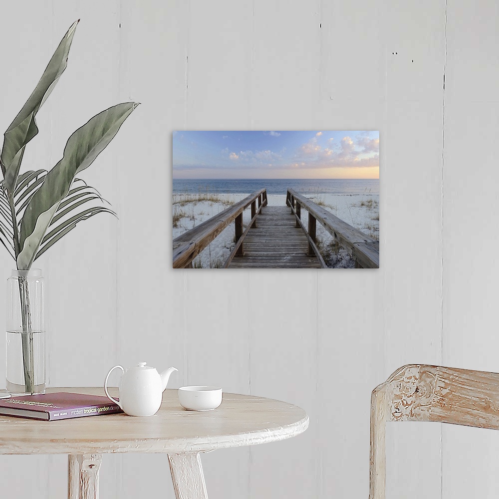 A farmhouse room featuring Photograph of a wooden walkway leading to the sandy beach with a Pensacola sunset