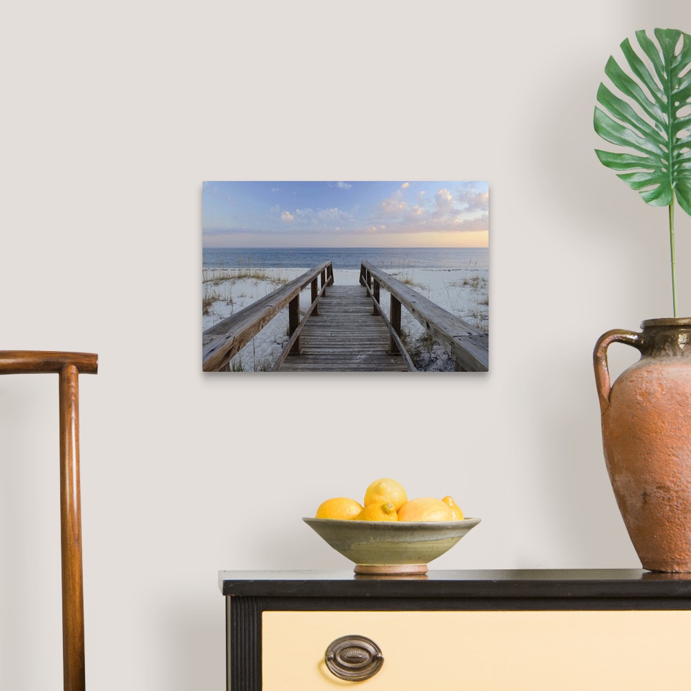A traditional room featuring Photograph of a wooden walkway leading to the sandy beach with a Pensacola sunset