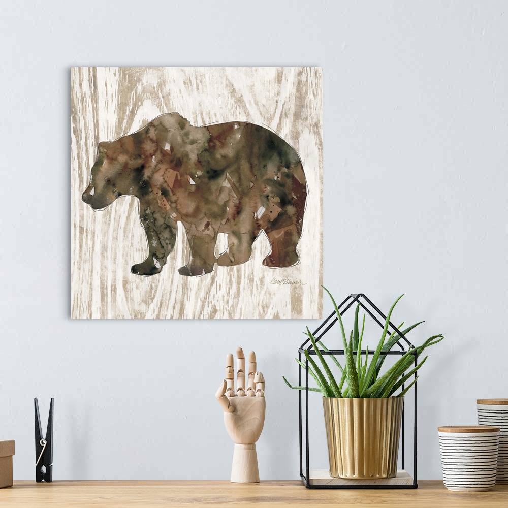 A bohemian room featuring Watercolor silhouette of a bear on a wood-grain pattern.