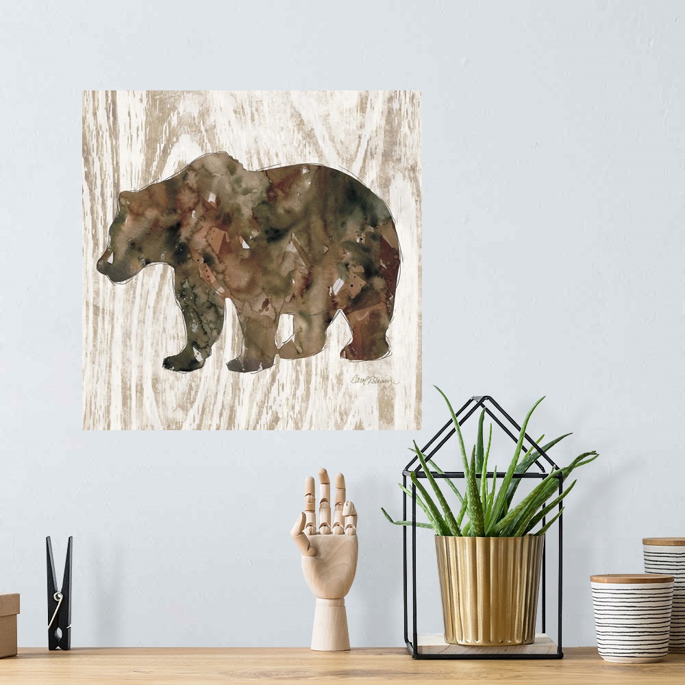 A bohemian room featuring Watercolor silhouette of a bear on a wood-grain pattern.