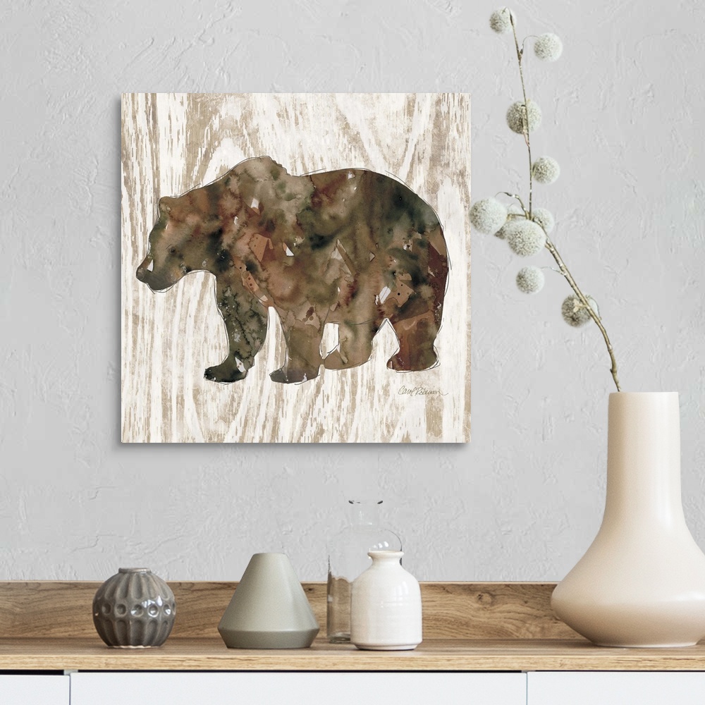 A farmhouse room featuring Watercolor silhouette of a bear on a wood-grain pattern.