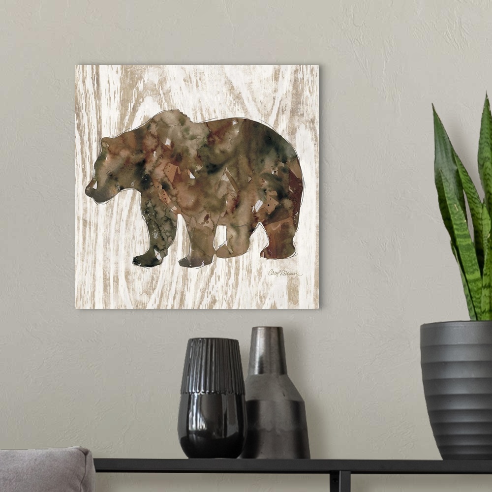 A modern room featuring Watercolor silhouette of a bear on a wood-grain pattern.