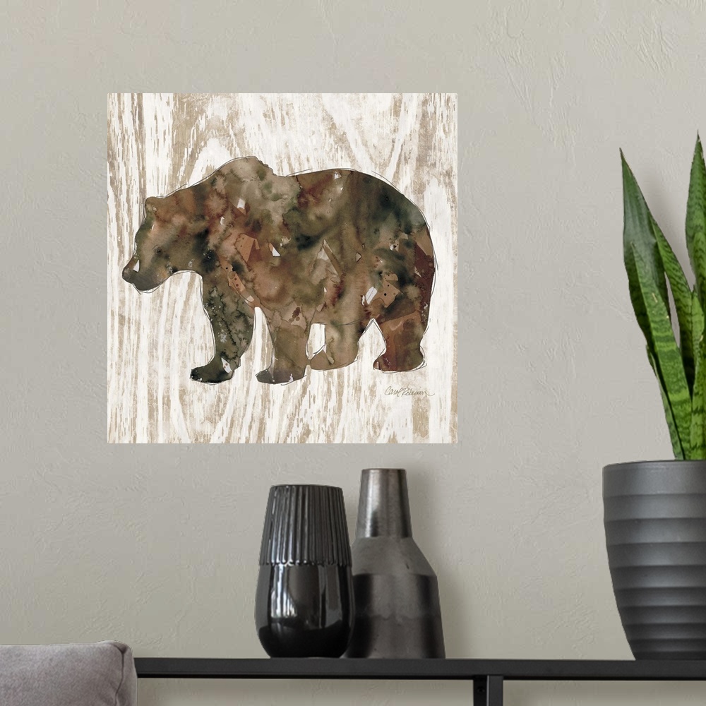 A modern room featuring Watercolor silhouette of a bear on a wood-grain pattern.