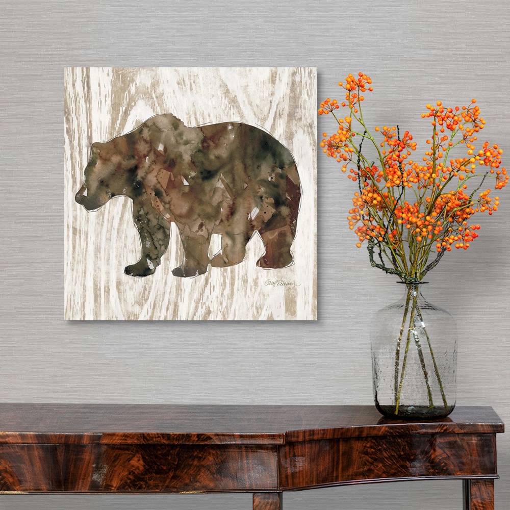 A traditional room featuring Watercolor silhouette of a bear on a wood-grain pattern.