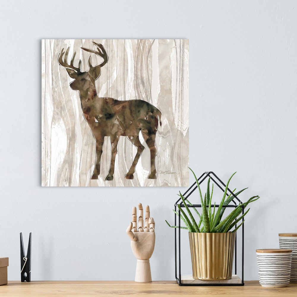 A bohemian room featuring A watercolor painting of a deer on a wood patterned background.