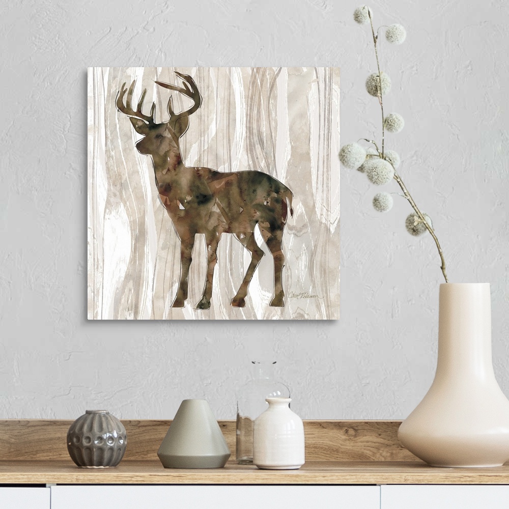 A farmhouse room featuring A watercolor painting of a deer on a wood patterned background.