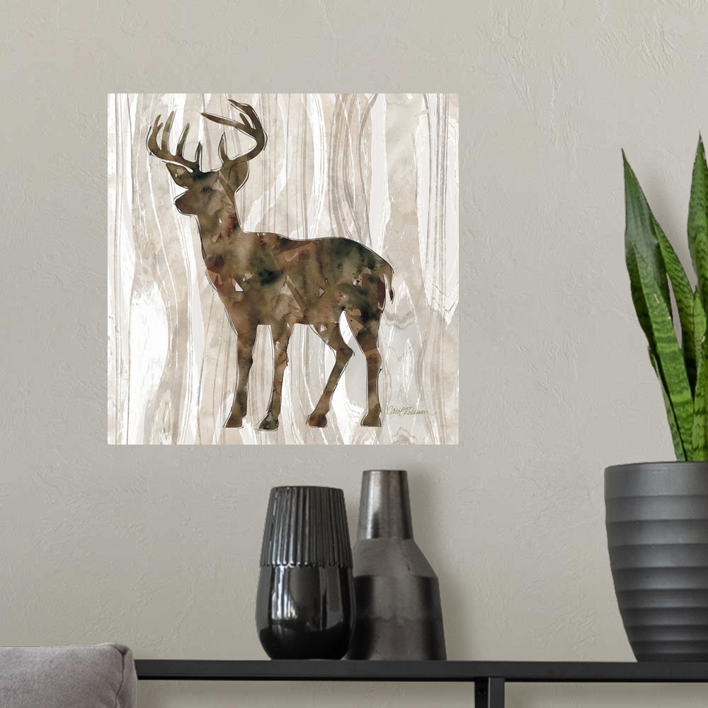 A modern room featuring A watercolor painting of a deer on a wood patterned background.