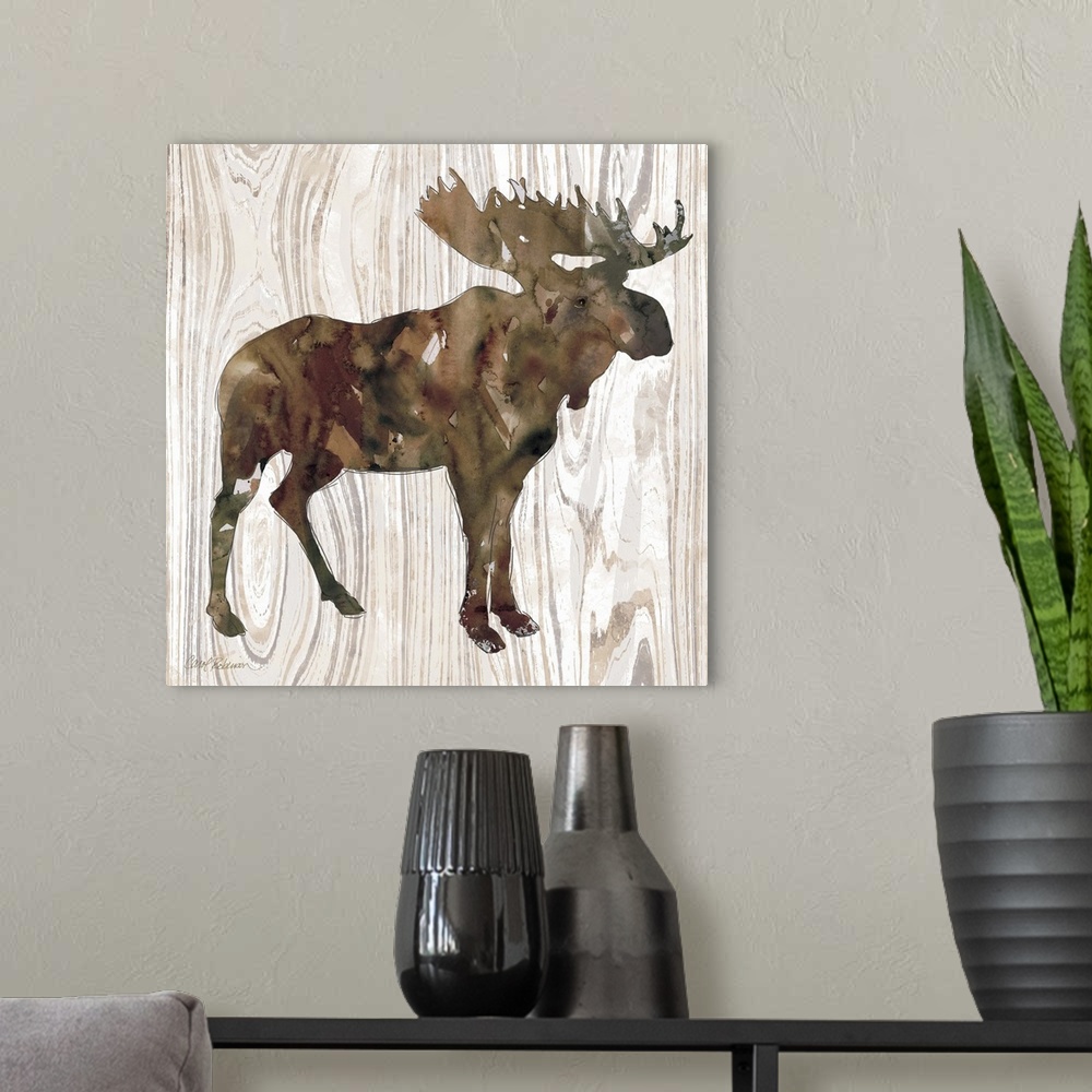 A modern room featuring Watercolor silhouette of a moose on a wood-grain pattern.