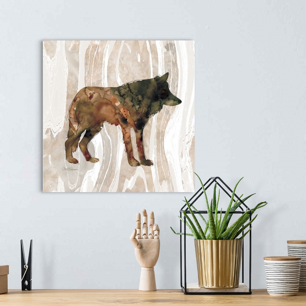 A bohemian room featuring Watercolor silhouette of a wolf on a wood-grain pattern.