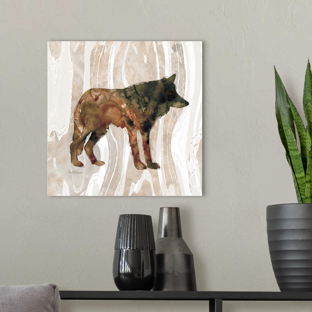 A modern room featuring Watercolor silhouette of a wolf on a wood-grain pattern.