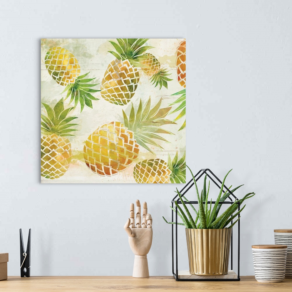 A bohemian room featuring Square decor with illustrated tropical pineapples all over.