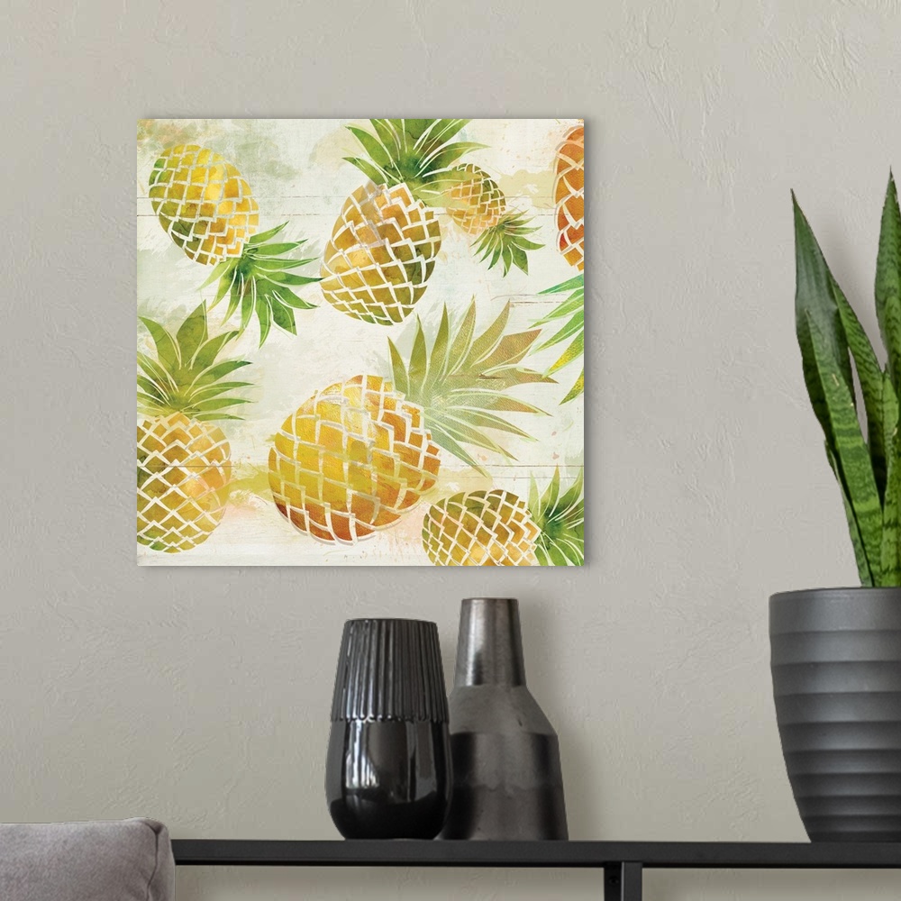 A modern room featuring Square decor with illustrated tropical pineapples all over.