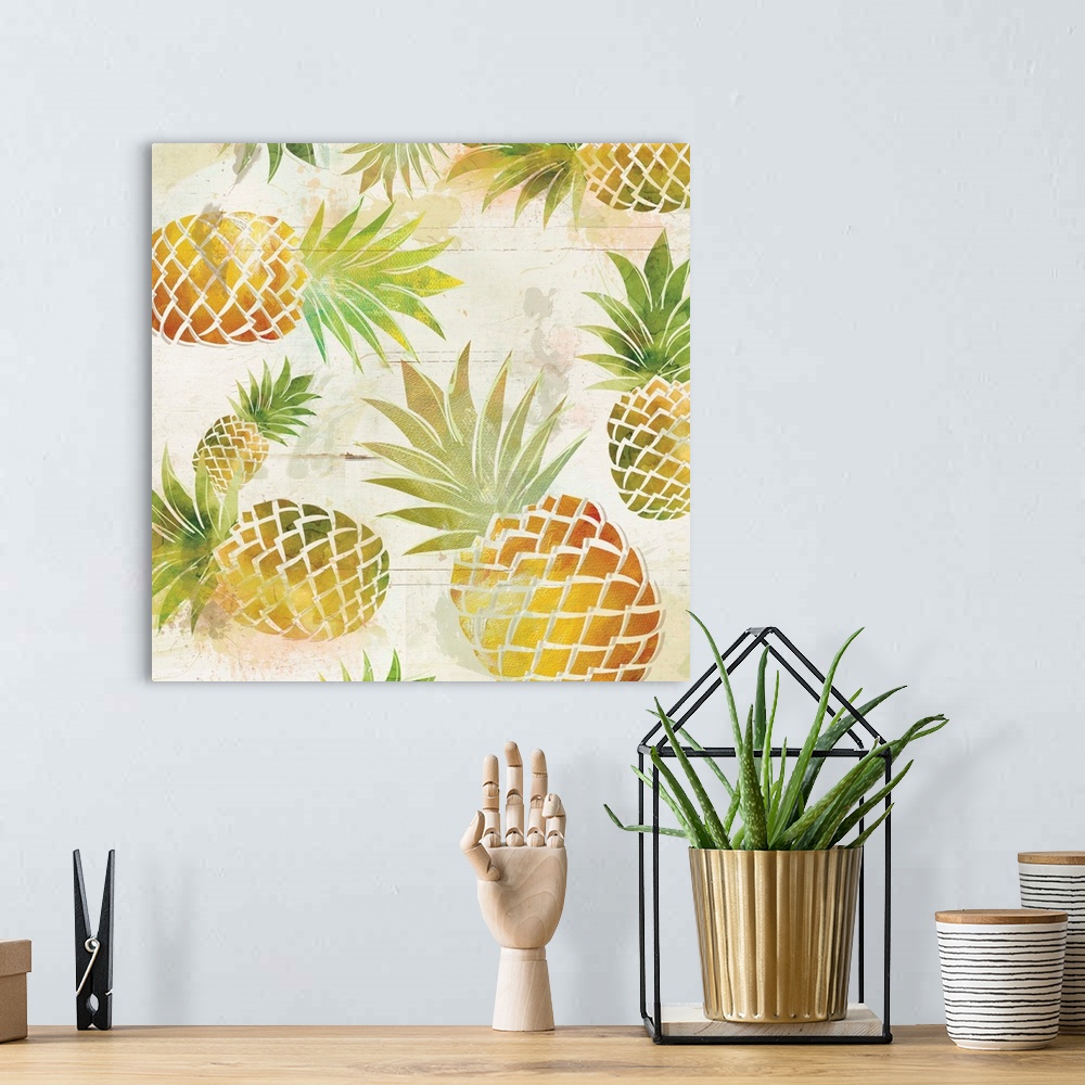 A bohemian room featuring Square decor with illustrated tropical pineapples all over.