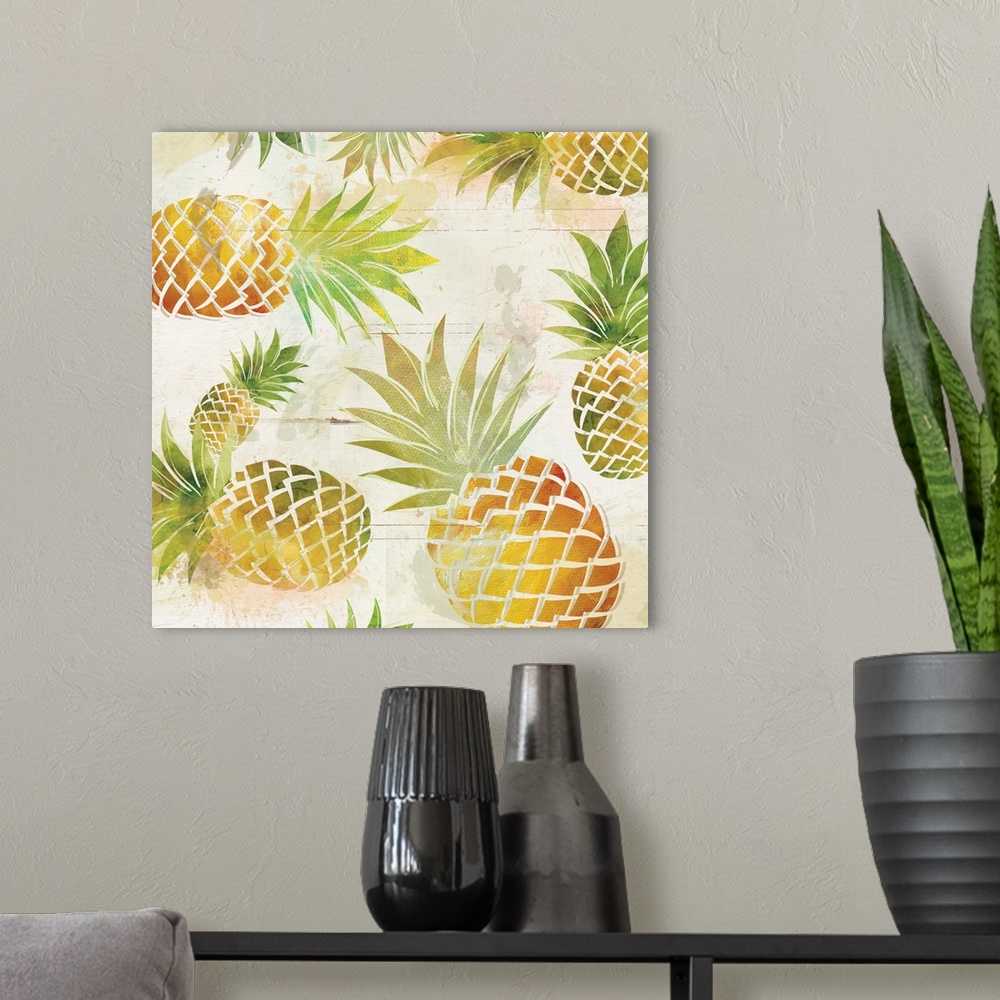 A modern room featuring Square decor with illustrated tropical pineapples all over.