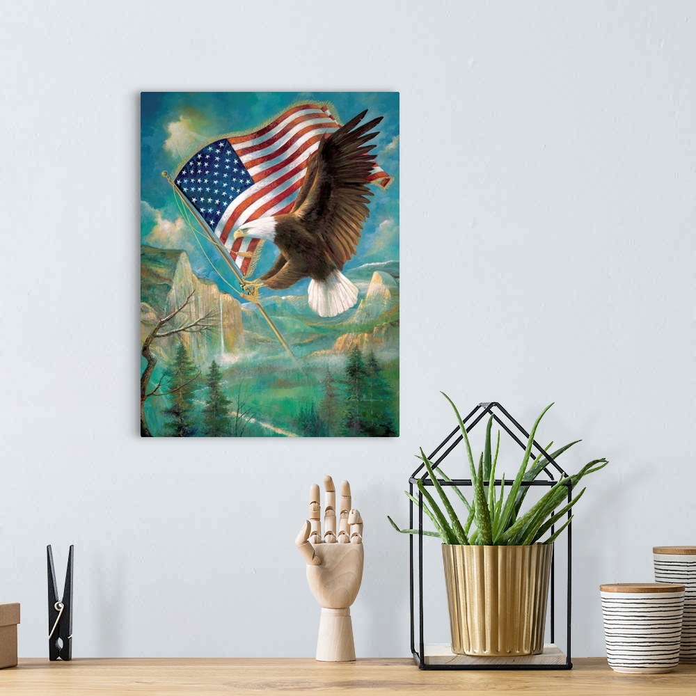A bohemian room featuring Illustration of a Bald Eagle in flight over a mountain valley, holding an American Flag.