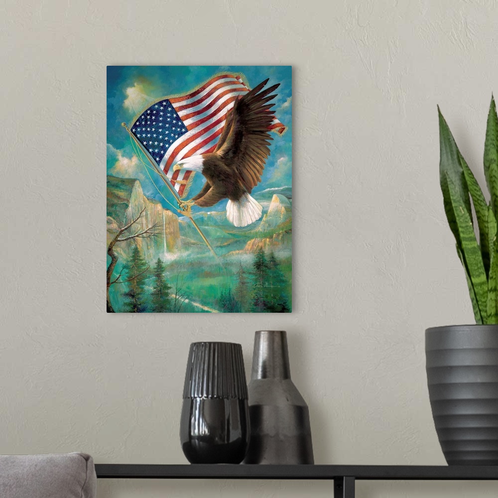 A modern room featuring Illustration of a Bald Eagle in flight over a mountain valley, holding an American Flag.