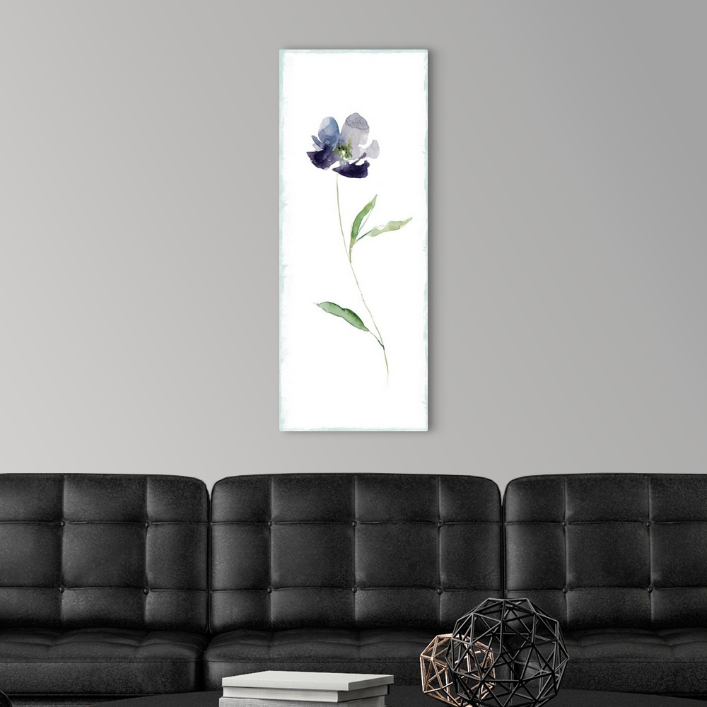 A modern room featuring Tall watercolor painting of a single purple flower with a long green stem.