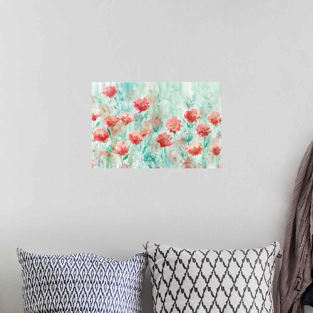 A bohemian room featuring Large watercolor painting of a garden filled with poppy and queen anne flowers with a blue-green ...