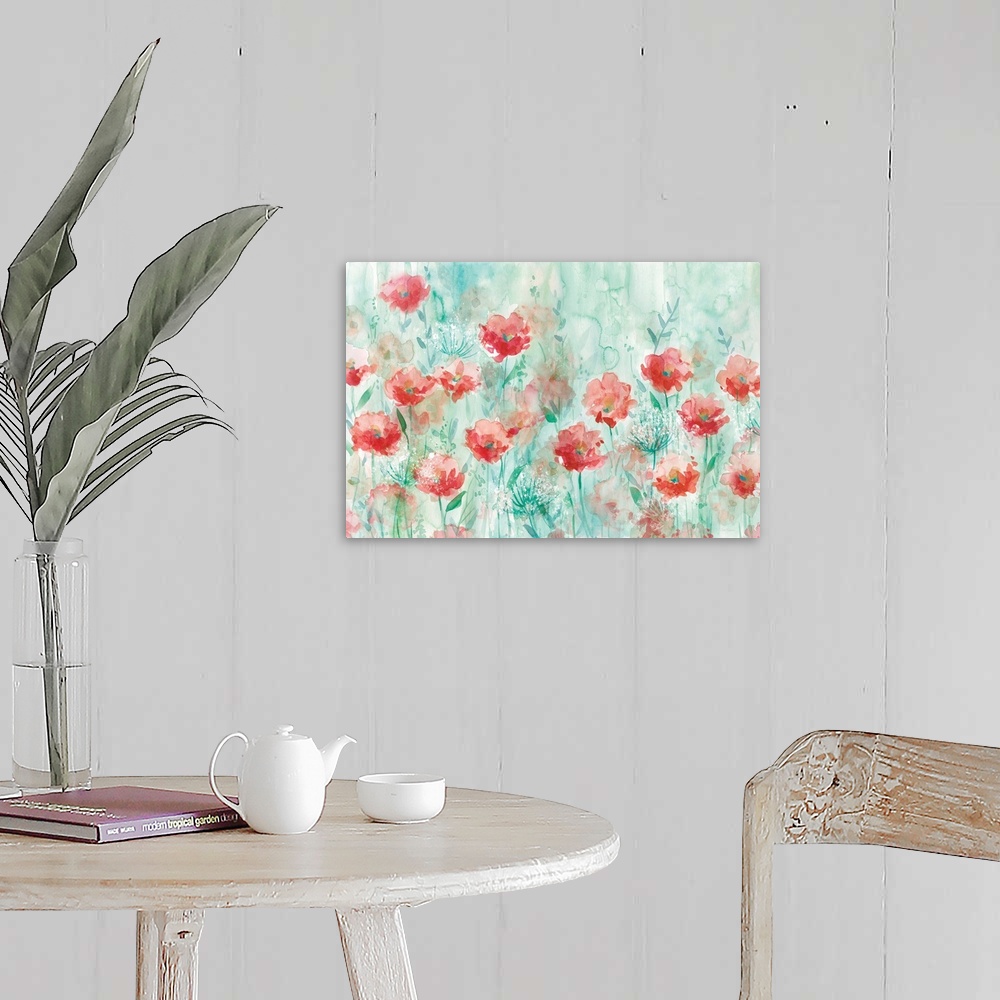 A farmhouse room featuring Large watercolor painting of a garden filled with poppy and queen anne flowers with a blue-green ...