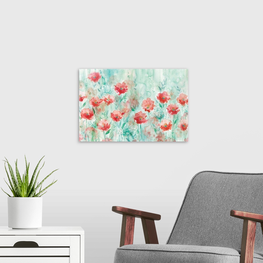 A modern room featuring Large watercolor painting of a garden filled with poppy and queen anne flowers with a blue-green ...