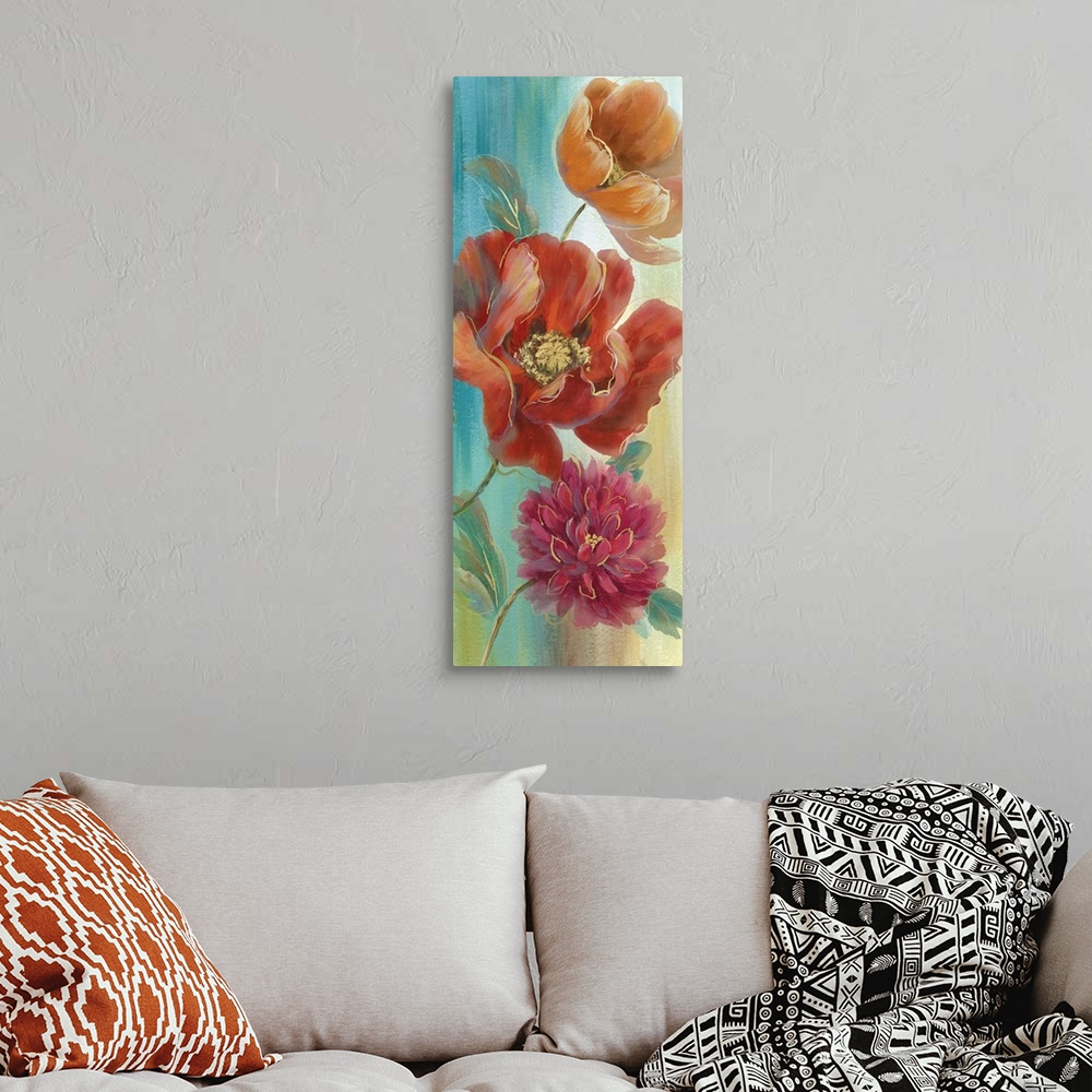 A bohemian room featuring Large panel painting of poppy flowers in orange, red, pink, and purple with metallic gold outline...