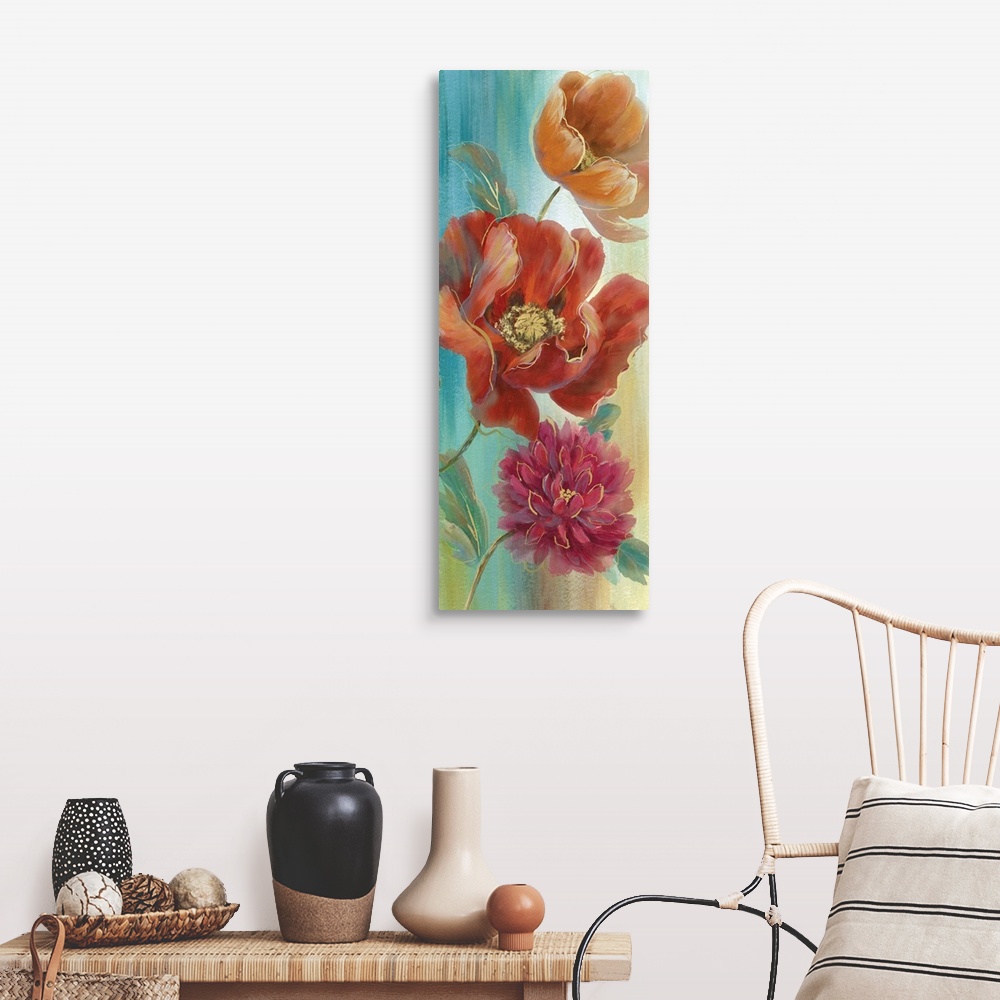 A farmhouse room featuring Large panel painting of poppy flowers in orange, red, pink, and purple with metallic gold outline...