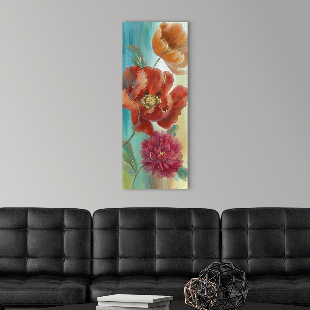 A modern room featuring Large panel painting of poppy flowers in orange, red, pink, and purple with metallic gold outline...
