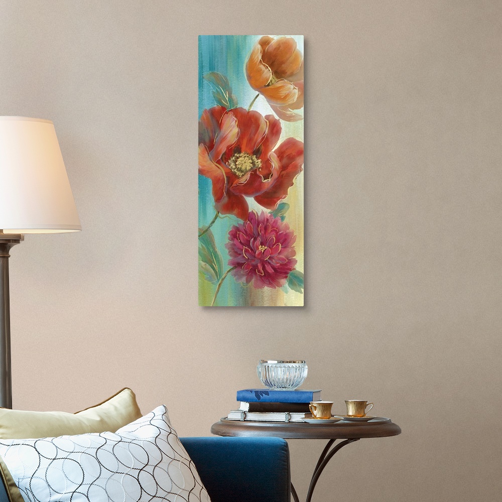 A traditional room featuring Large panel painting of poppy flowers in orange, red, pink, and purple with metallic gold outline...